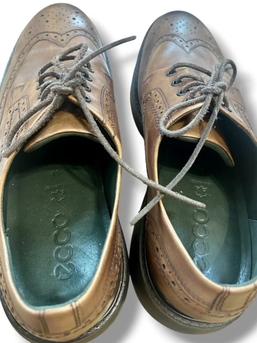 Ecco Mens Brown Leather Wingtip Brogue Tie Shoes Rubber Soles Size 46